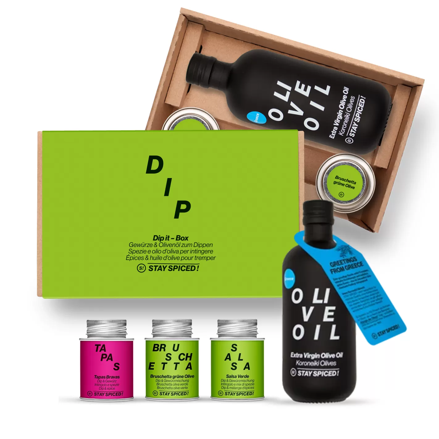 STAY SPICED DIP IT | Gewürze Set & Olivenöl | 3 Gewürze und 1 Olivenöl in der Box Outlet